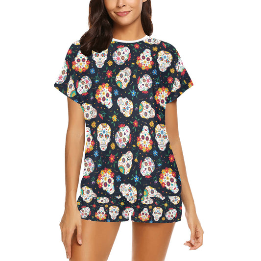 Sugar Skull Print Design LKS305 Women's Short Pajama Set
