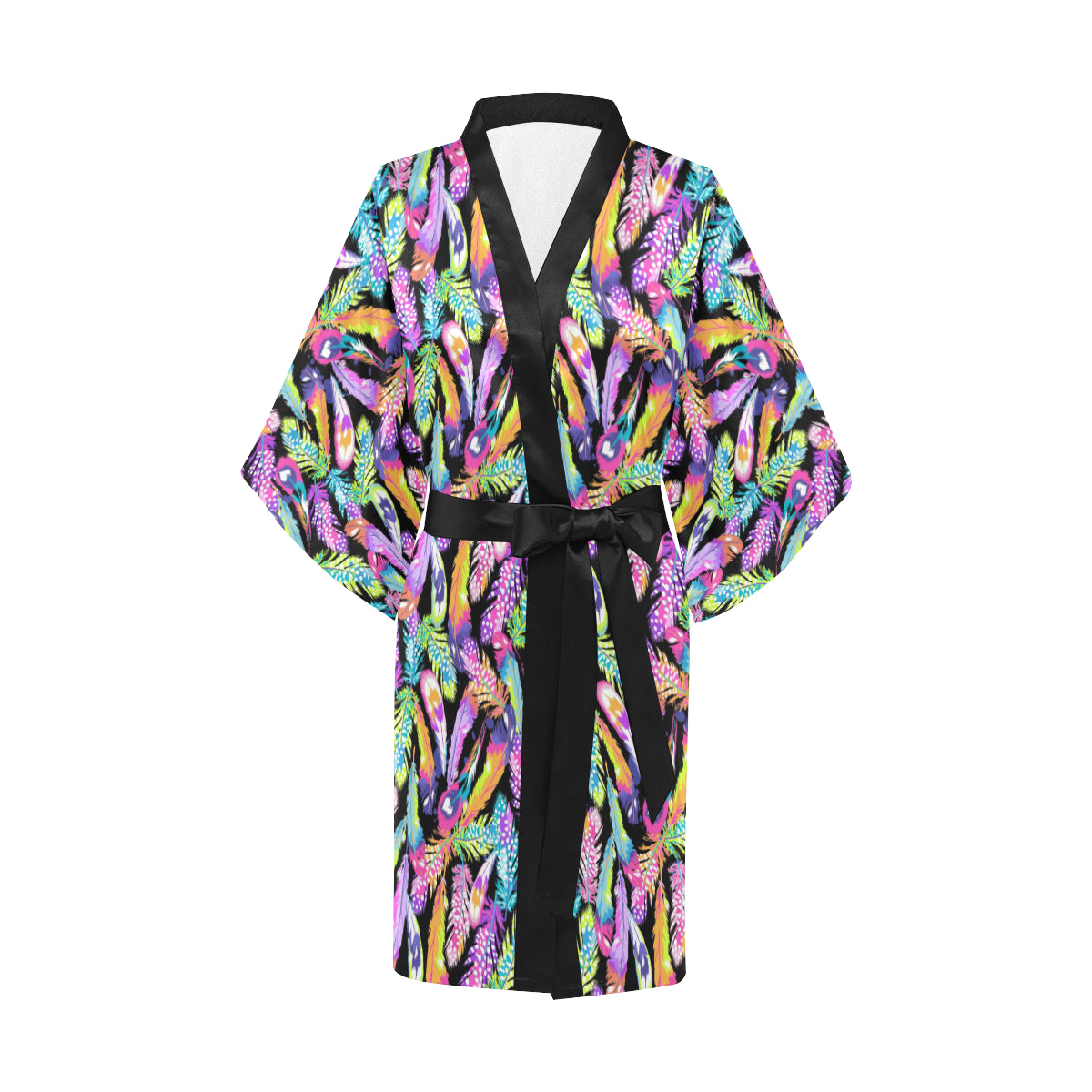 Neon Feather Pattern Print Design A02 Women's Short Kimono