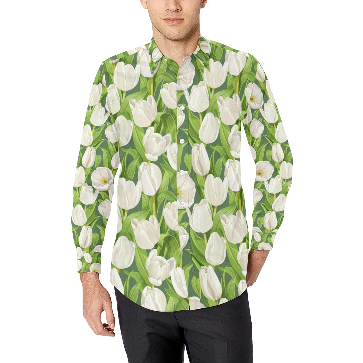 Tulip White Pattern Print Design TP05 Men's Long Sleeve Shirt