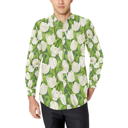 Tulip White Pattern Print Design TP05 Men's Long Sleeve Shirt
