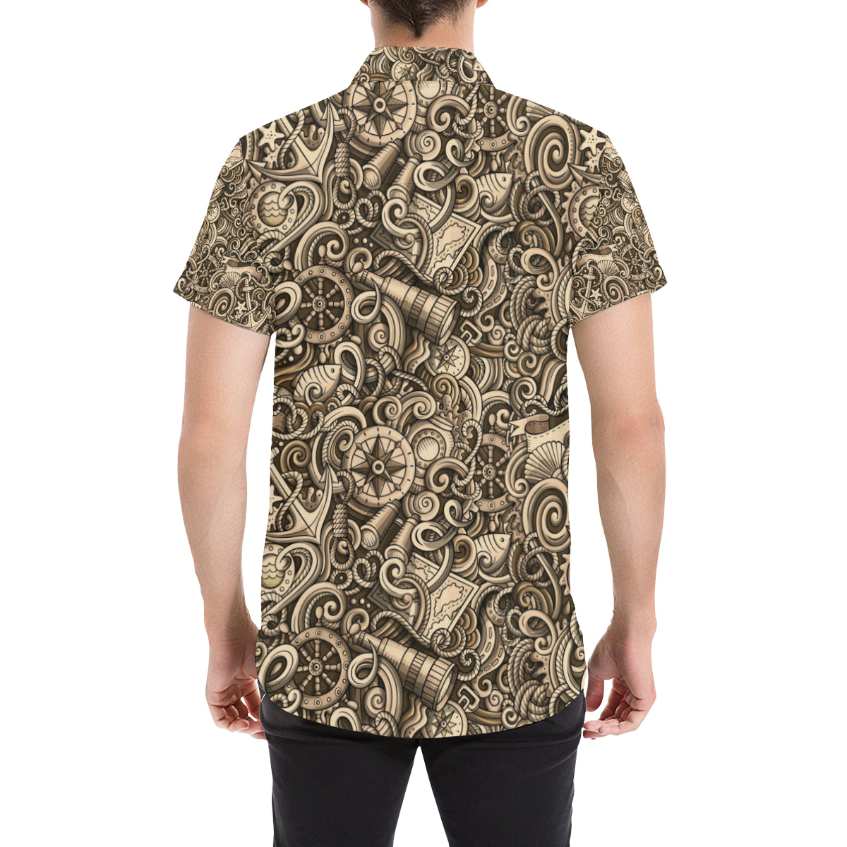 Nautical Tattoo Design Themed Print Men's Short Sleeve Button Up Shirt