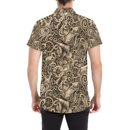 Nautical Tattoo Design Themed Print Men's Short Sleeve Button Up Shirt