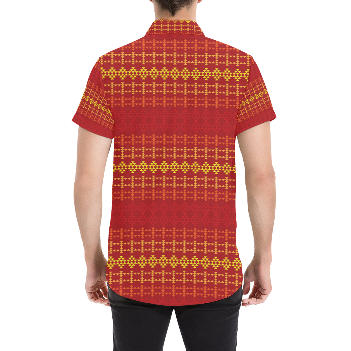 Southwest Red Gold Design Themed Print Men's Short Sleeve Button Up Shirt