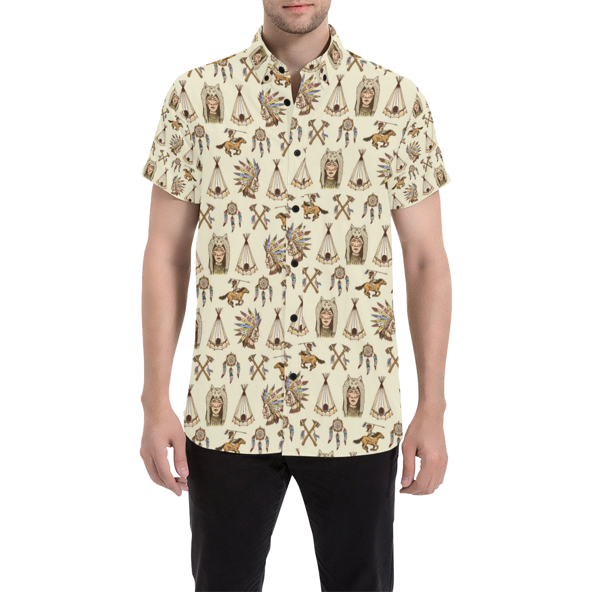 Native Indian Pattern Design Print Men's Short Sleeve Button Up Shirt