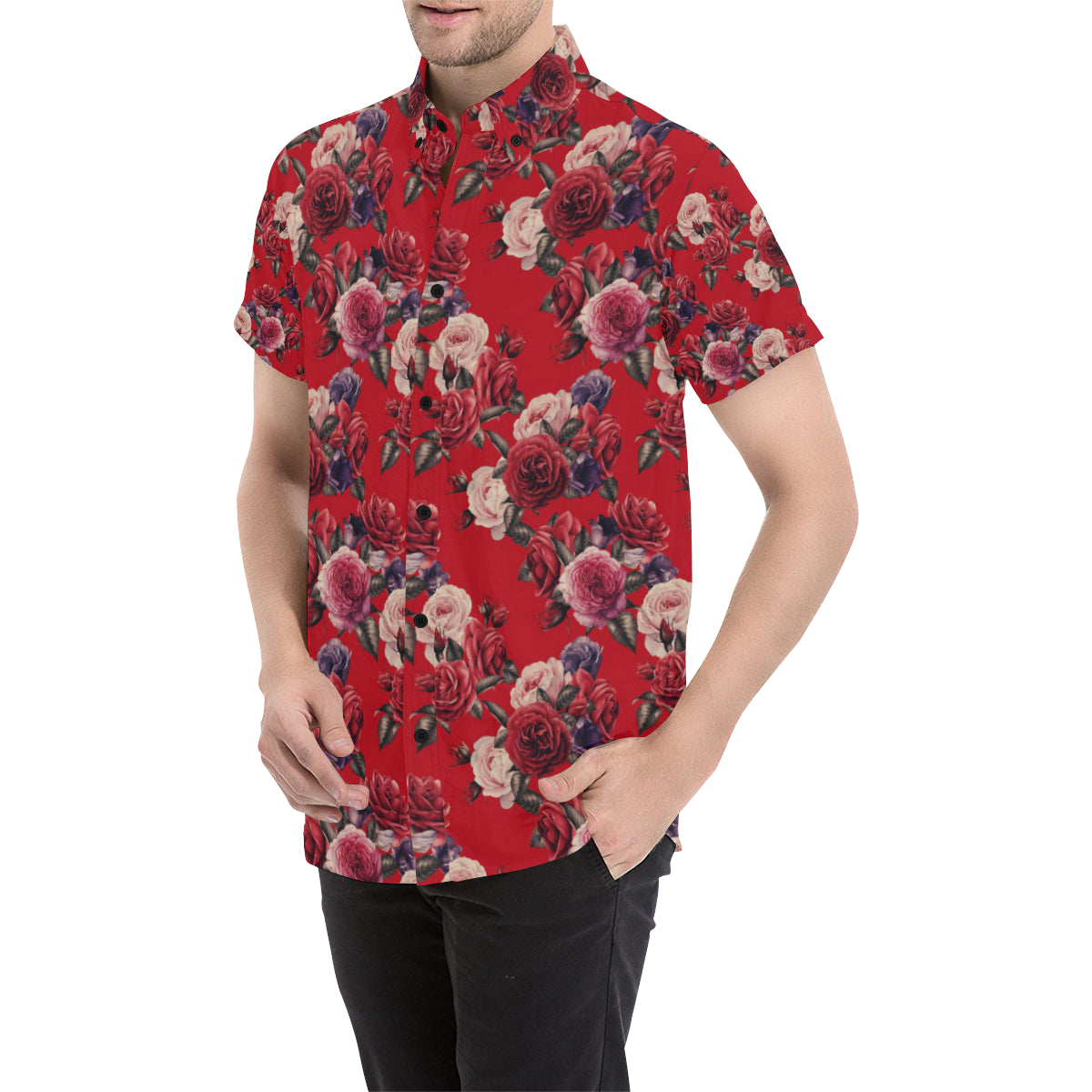 Rose Red Pattern Print Design RO07 Men's Short Sleeve Button Up Shirt