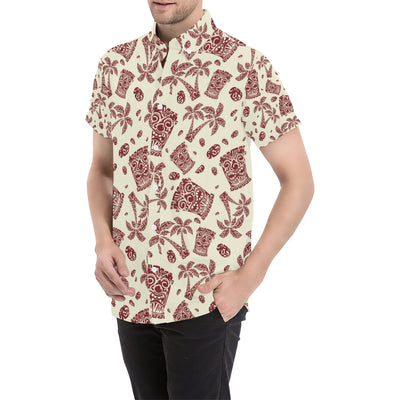 Tiki Tribal Mask Palm Tree Men's Short Sleeve Button Up Shirt