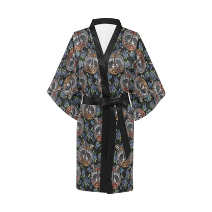 Raccoon Pattern Print Design A03 Women's Short Kimono
