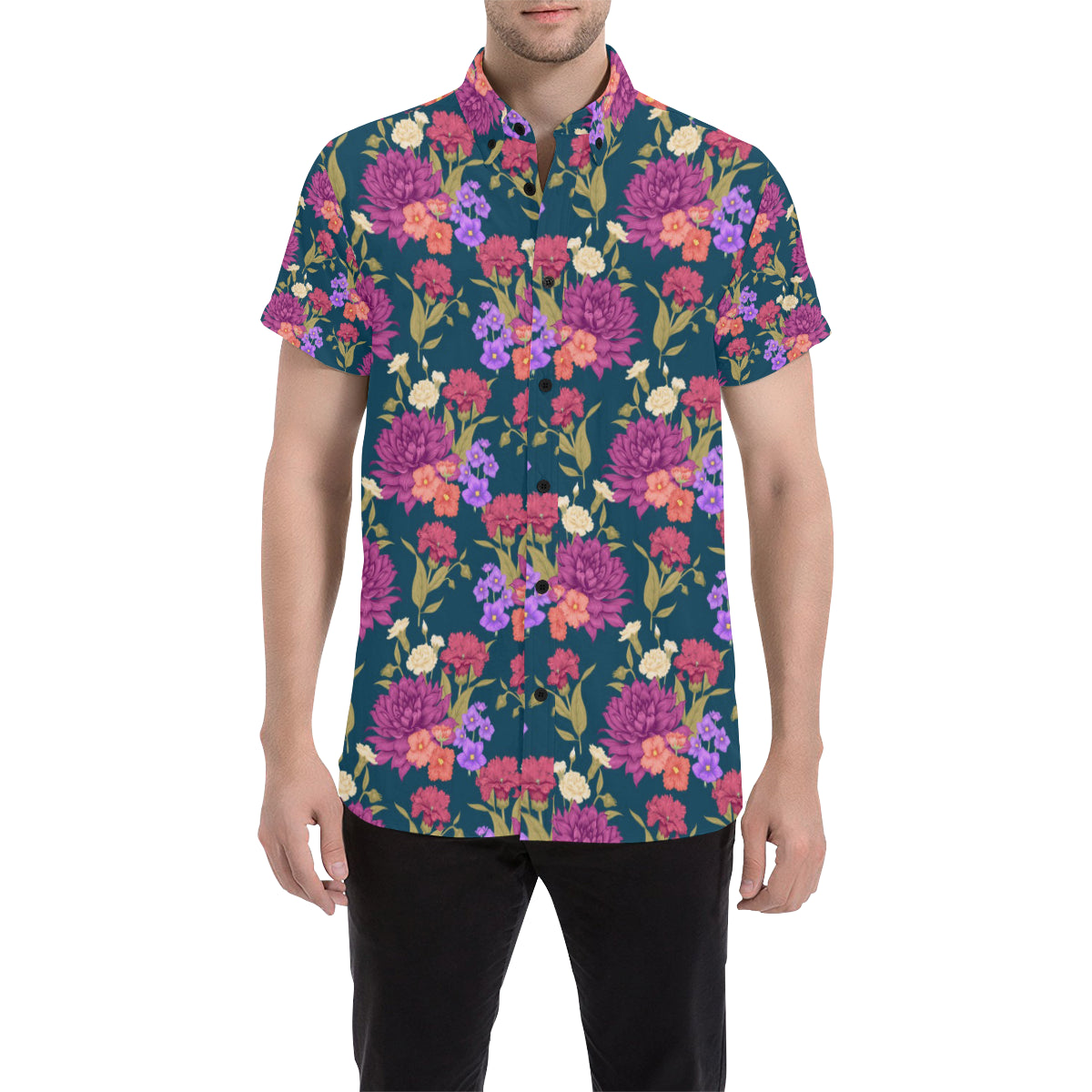 Dahlia Pattern Print Design DH01 Men's Short Sleeve Button Up Shirt