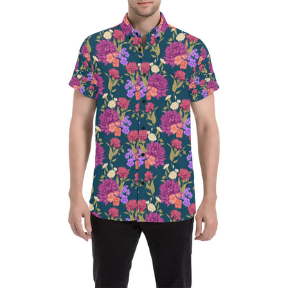 Dahlia Pattern Print Design DH01 Men's Short Sleeve Button Up Shirt