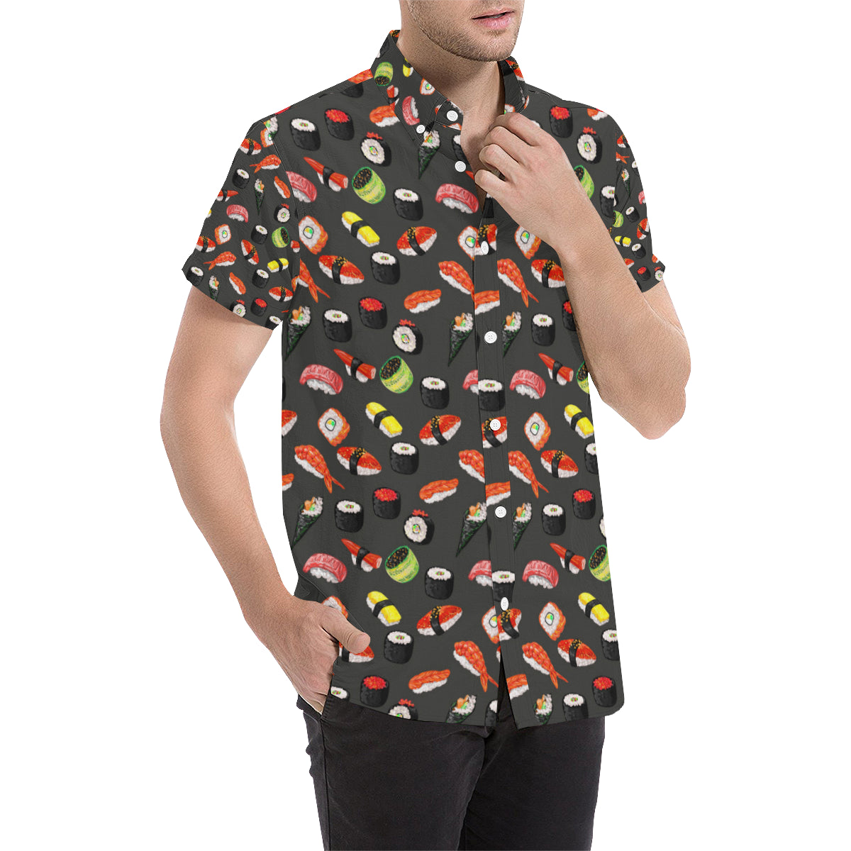 Sushi Design Print Men's Short Sleeve Button Up Shirt