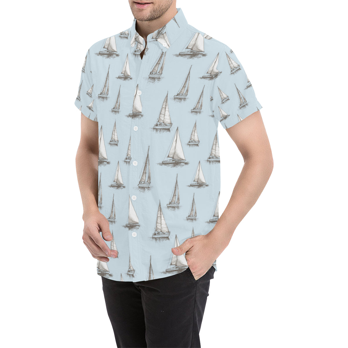 Sailing Ships Pattern Print Design A01 Men's Short Sleeve Button Up Shirt