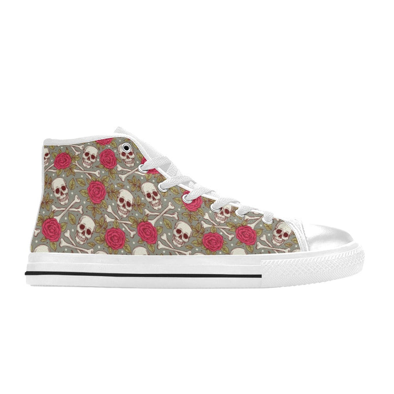 Skull Bone Rose Print Design LKS303 High Top Women's White Shoes