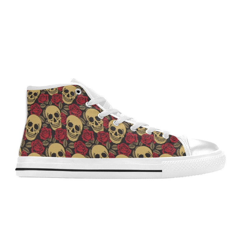 Skull And Roses Print Design LKS302 High Top Women's White Shoes