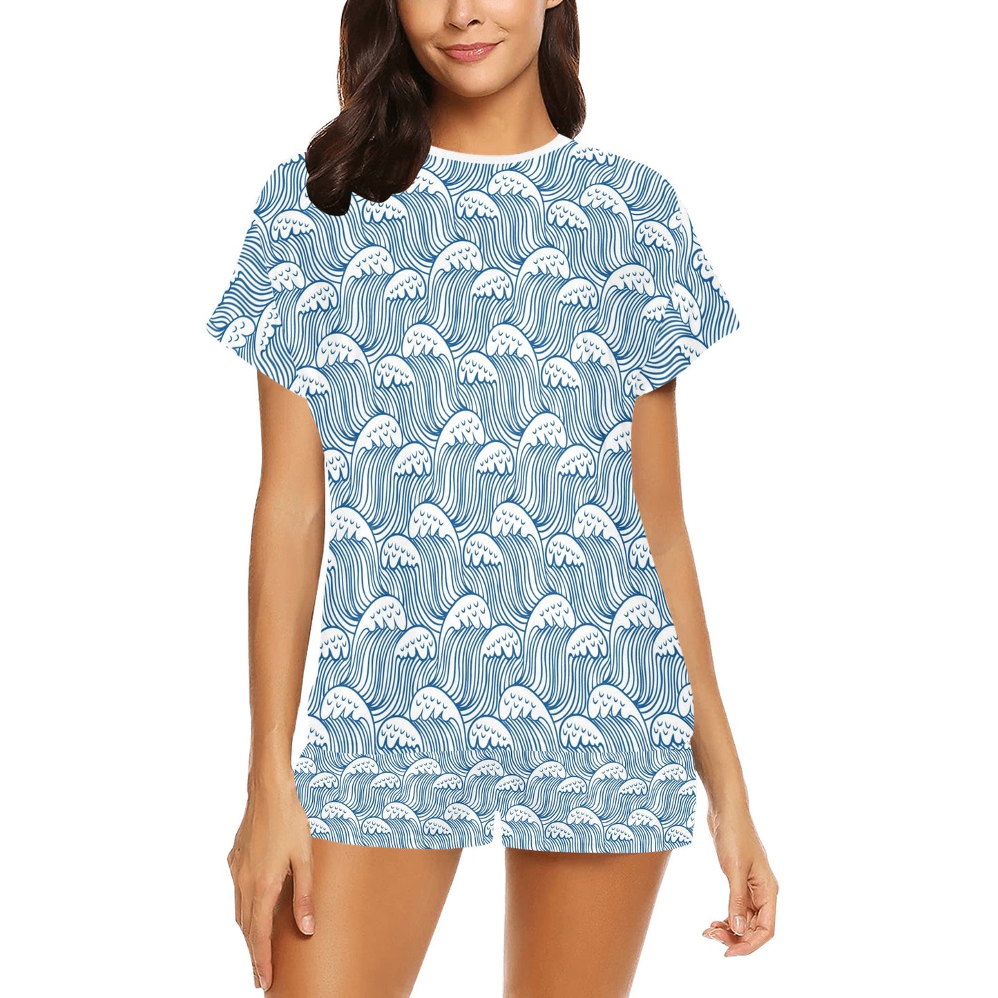 Wave Print Design LKS306 Women's Short Pajama Set