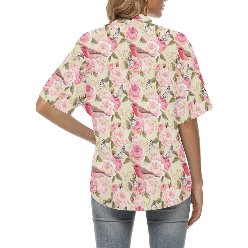 Bird Butterfly Pink Flower Print Pattern Women's Hawaiian Shirt