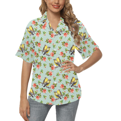 Bird with Red Flower Print Pattern Women's Hawaiian Shirt