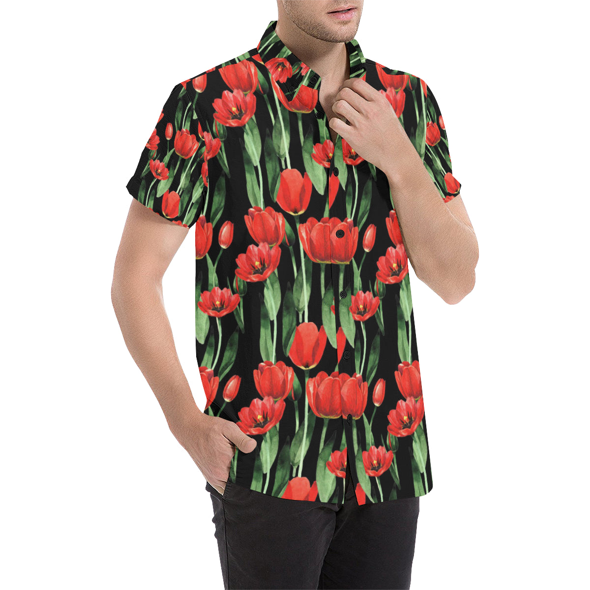 Tulip Red Pattern Print Design TP03 Men's Short Sleeve Button Up Shirt