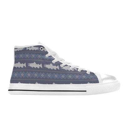 Salmon Fish Knit Style Print Design LKS304 High Top Women's White Shoes