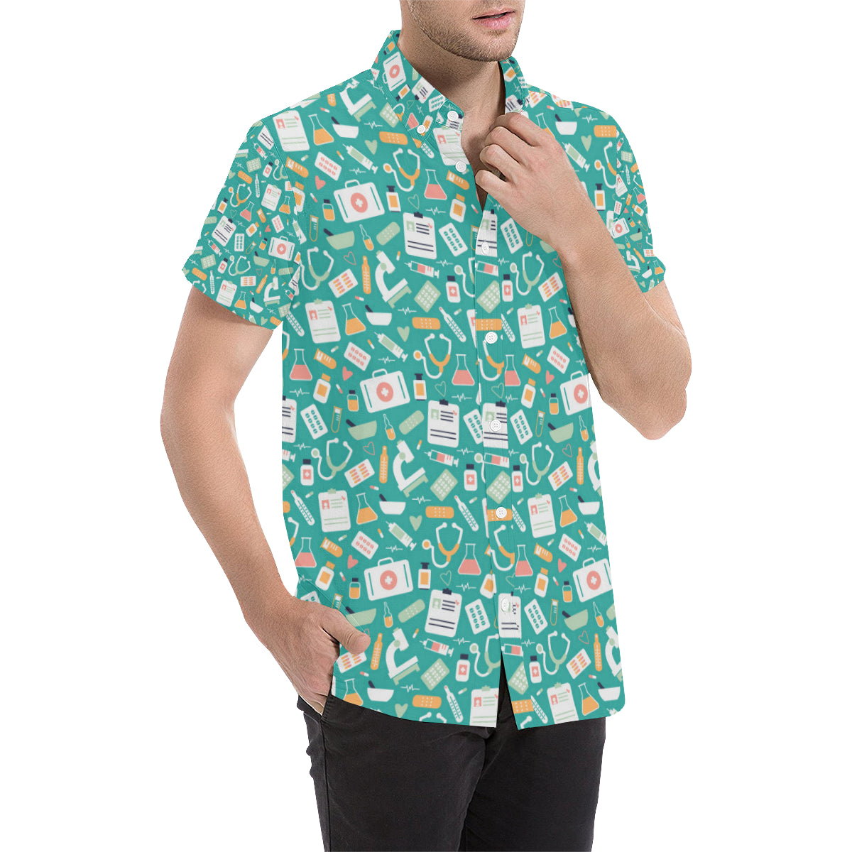 Medical Pattern Print Design 03 Men's Short Sleeve Button Up Shirt
