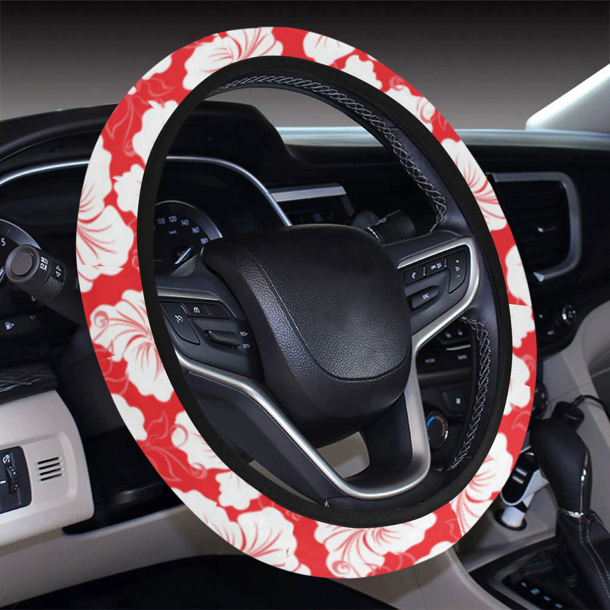 Flower Hawaiian Hibiscus Red Background Print Steering Wheel Cover with Elastic Edge