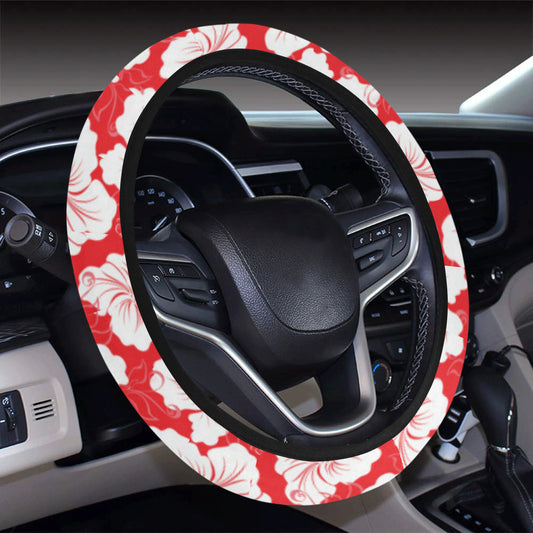 Flower Hawaiian Hibiscus Red Background Print Steering Wheel Cover with Elastic Edge