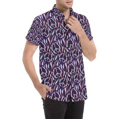 Peace Sign Feather Design Print Men's Short Sleeve Button Up Shirt