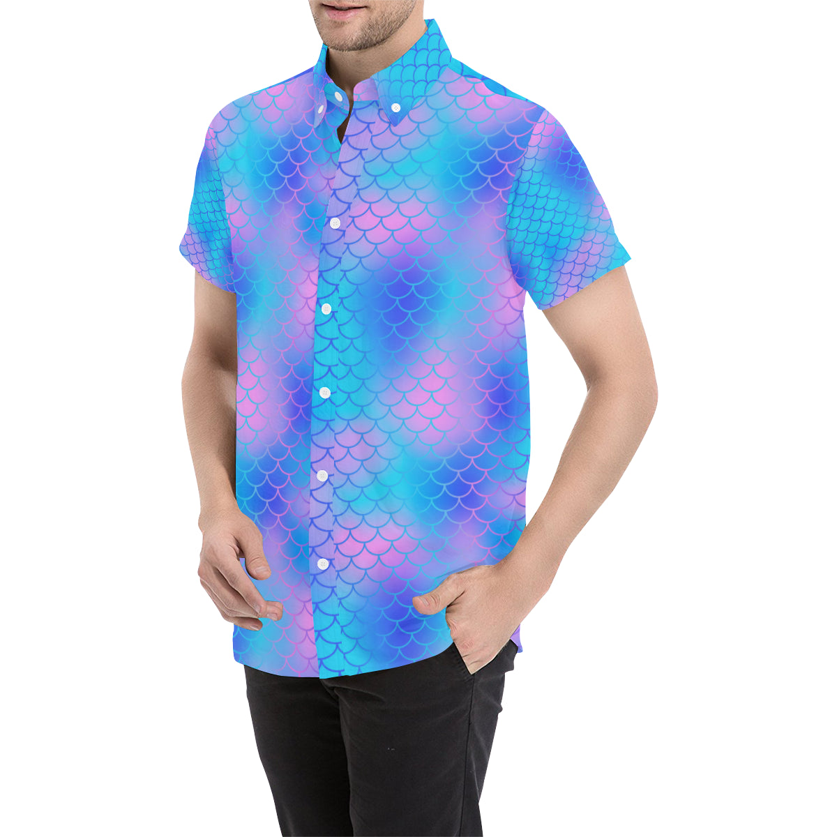 Mermaid Scales Pattern Print Design 04 Men's Short Sleeve Button Up Shirt