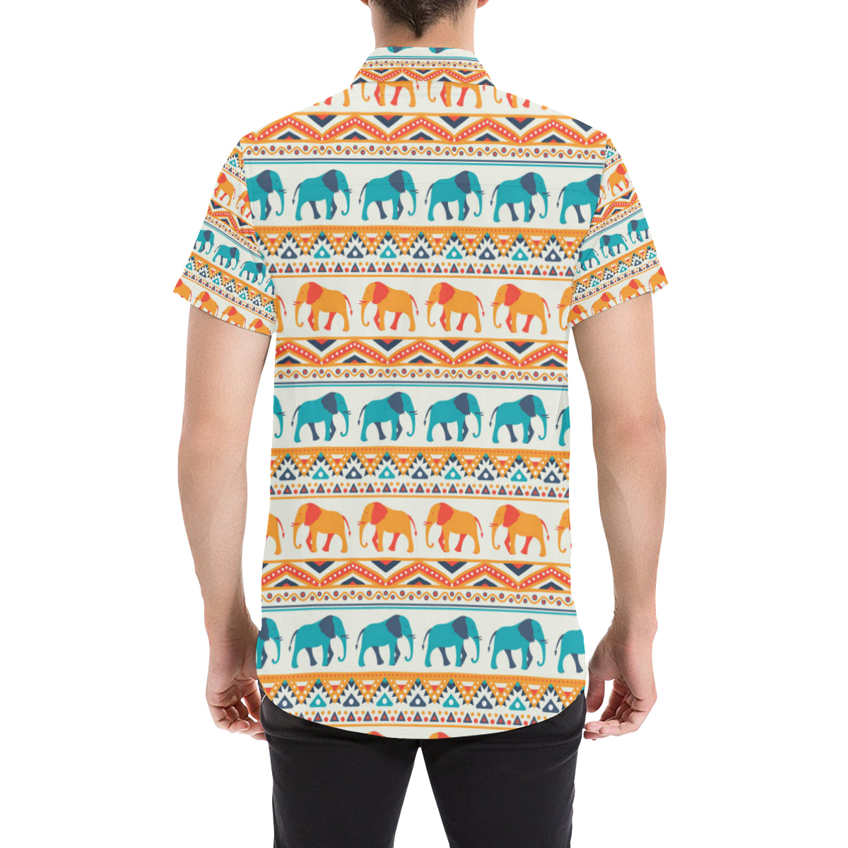 Elephant Aztec Ethnic Print Pattern Men's Short Sleeve Button Up Shirt