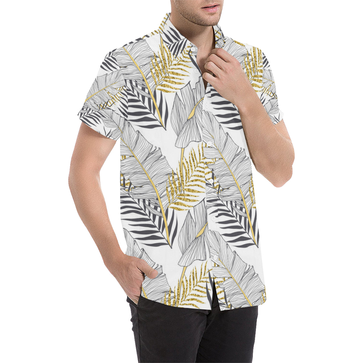Gold Glitter Tropical Palm Leaves Men's Short Sleeve Button Up Shirt