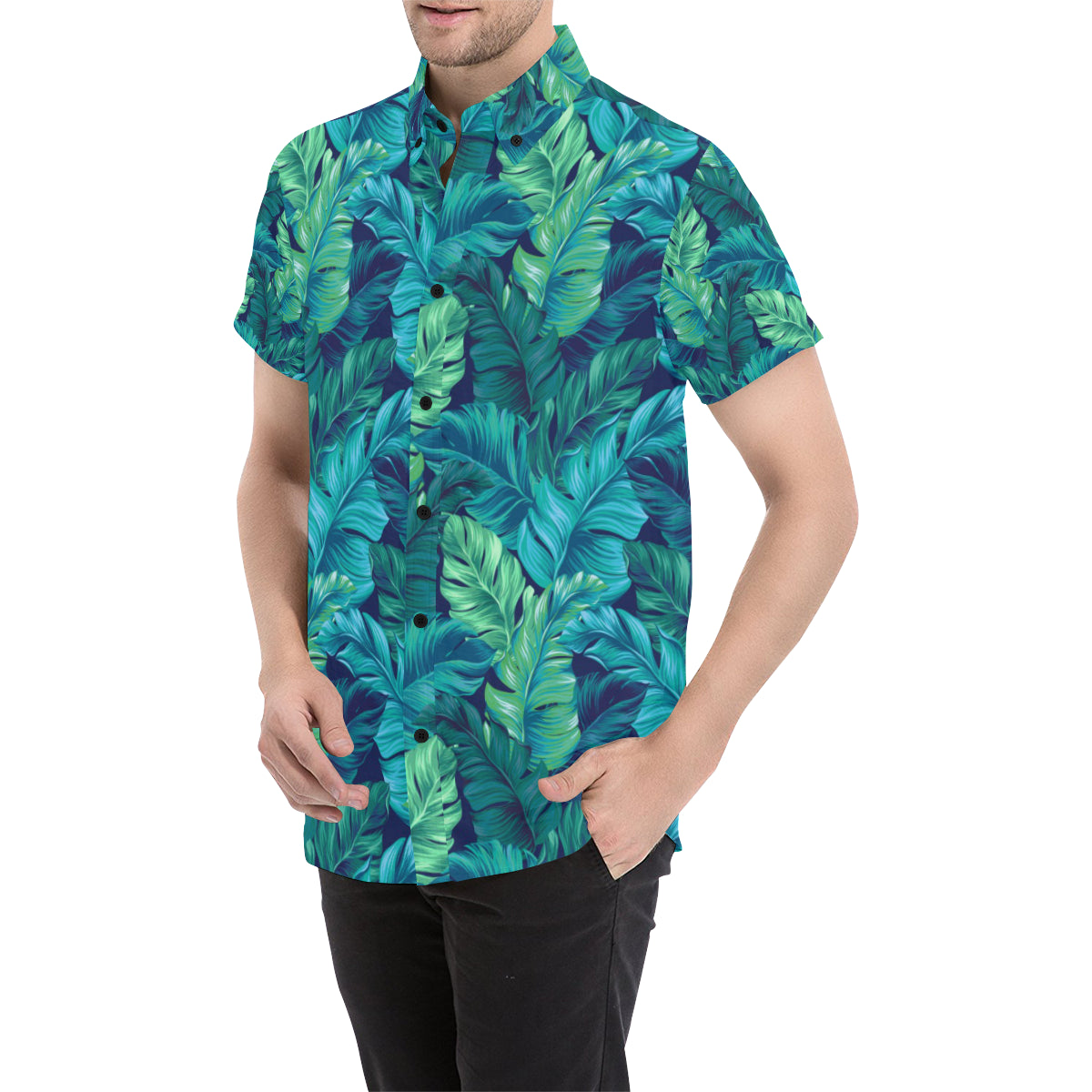 Banana Leaf Pattern Print Design BL05 Men's Short Sleeve Button Up Shirt