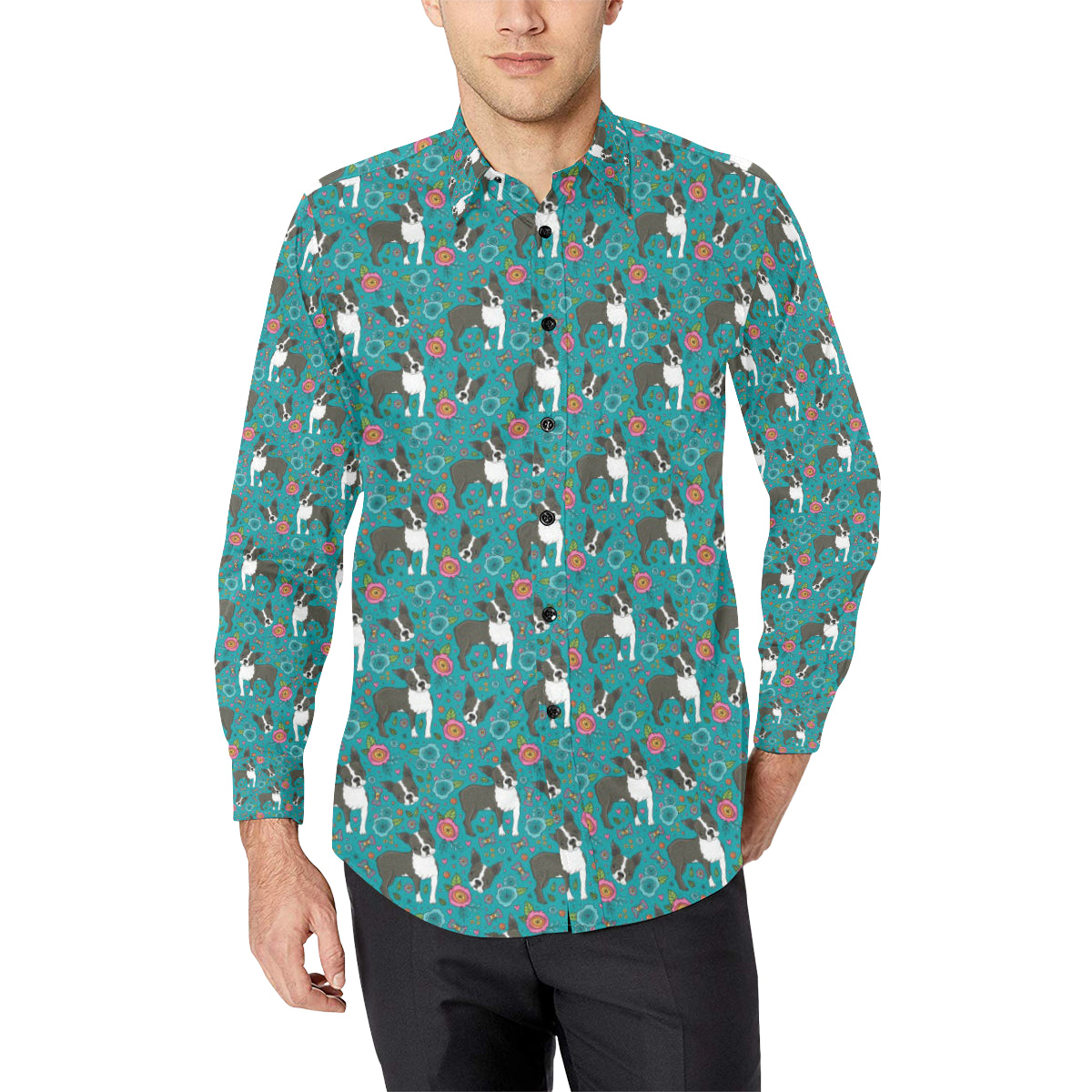 Boston Terrier Pattern Print Design 07 Men's Long Sleeve Shirt