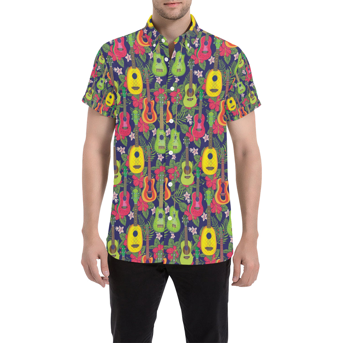 Ukulele Tropical Pattern Print Design 03 Men's Short Sleeve Button Up Shirt