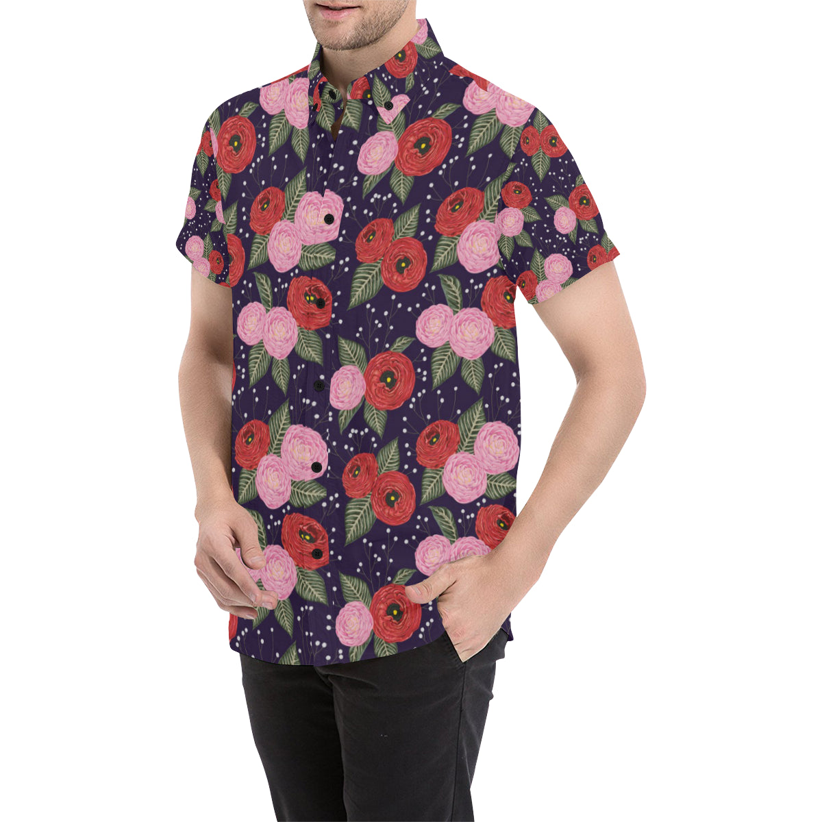 Camellia Pattern Print Design CM02 Men's Short Sleeve Button Up Shirt