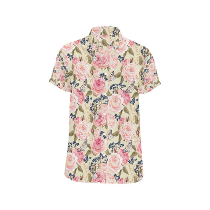 Floral Pink Butterfly Print Men's Short Sleeve Button Up Shirt