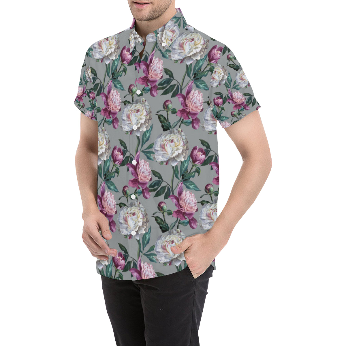 Peony Pattern Print Design PE01 Men's Short Sleeve Button Up Shirt