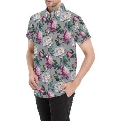 Peony Pattern Print Design PE01 Men's Short Sleeve Button Up Shirt