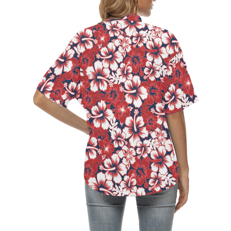 Red Hibiscus Pattern Print Design HB01 Women's Hawaiian Shirt