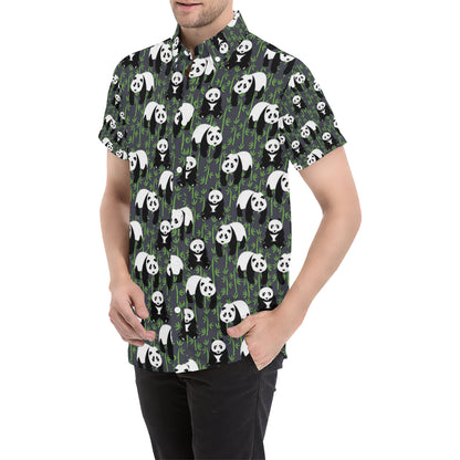 Panda Bear Bamboo Themed Print Men's Short Sleeve Button Up Shirt