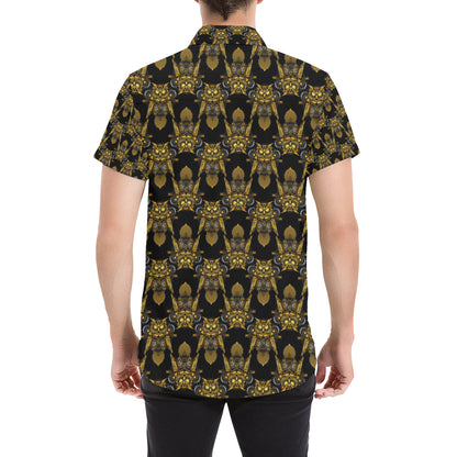 Steampunk Gold Owl Design Themed Print Men's Short Sleeve Button Up Shirt