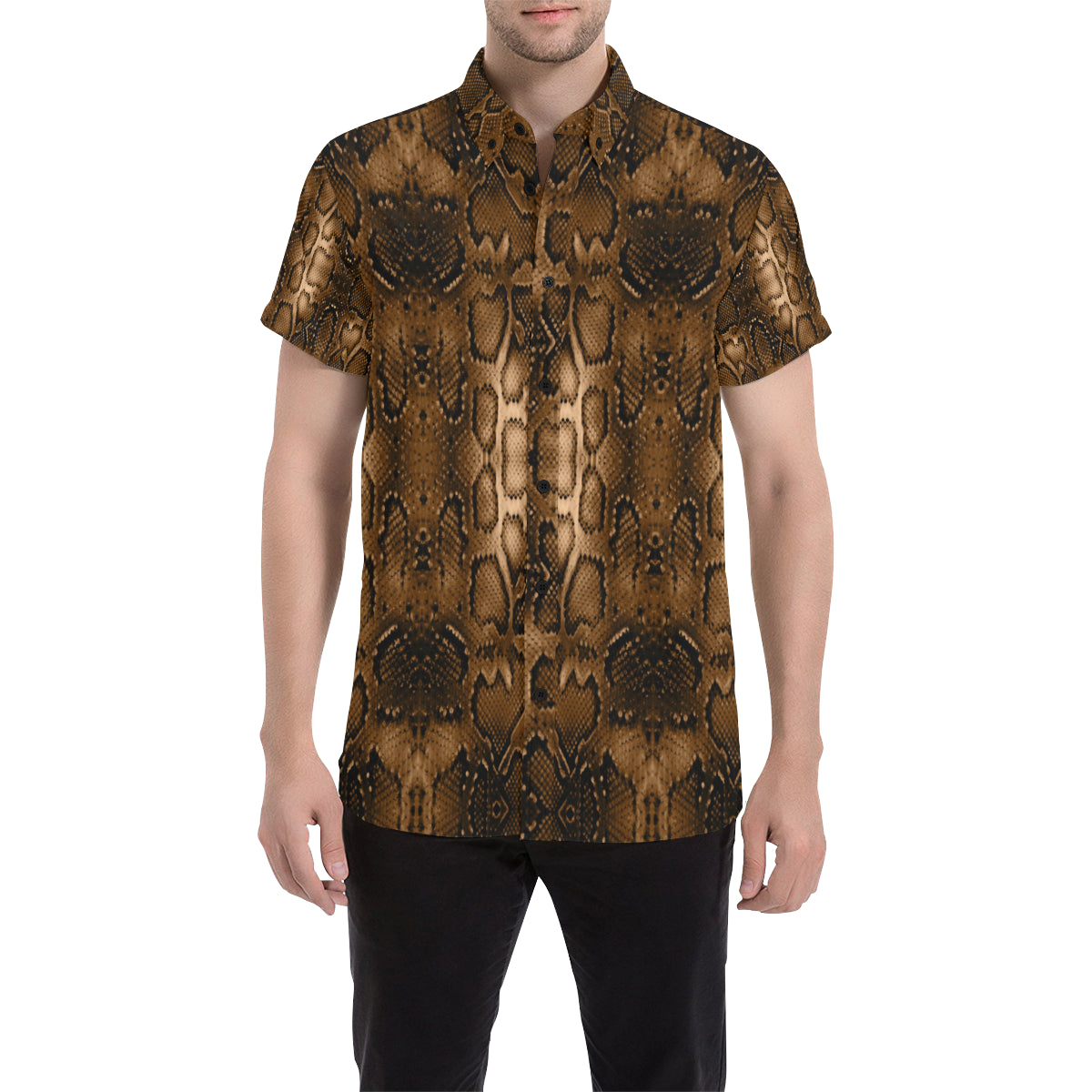 Snake Skin Brown Print Men's Short Sleeve Button Up Shirt