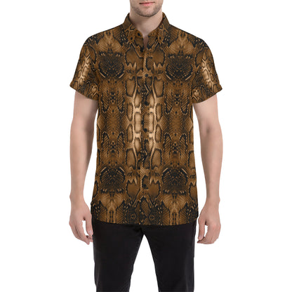 Snake Skin Brown Print Men's Short Sleeve Button Up Shirt