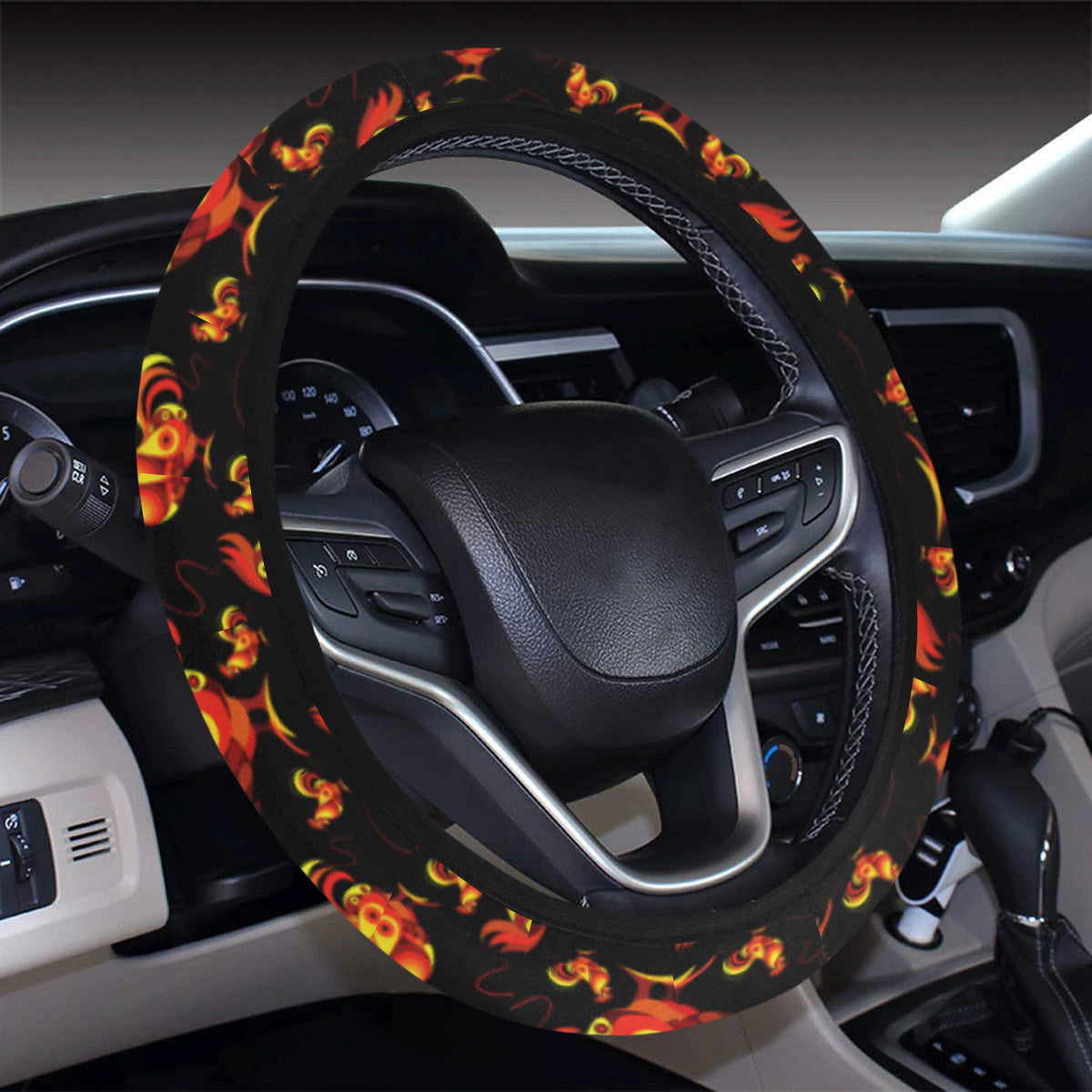 Rooster Print Themed Steering Wheel Cover with Elastic Edge