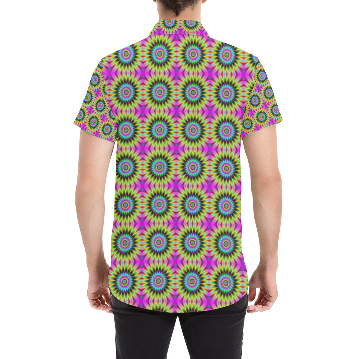 Optical illusion Flower Rainbow Style Men's Short Sleeve Button Up Shirt