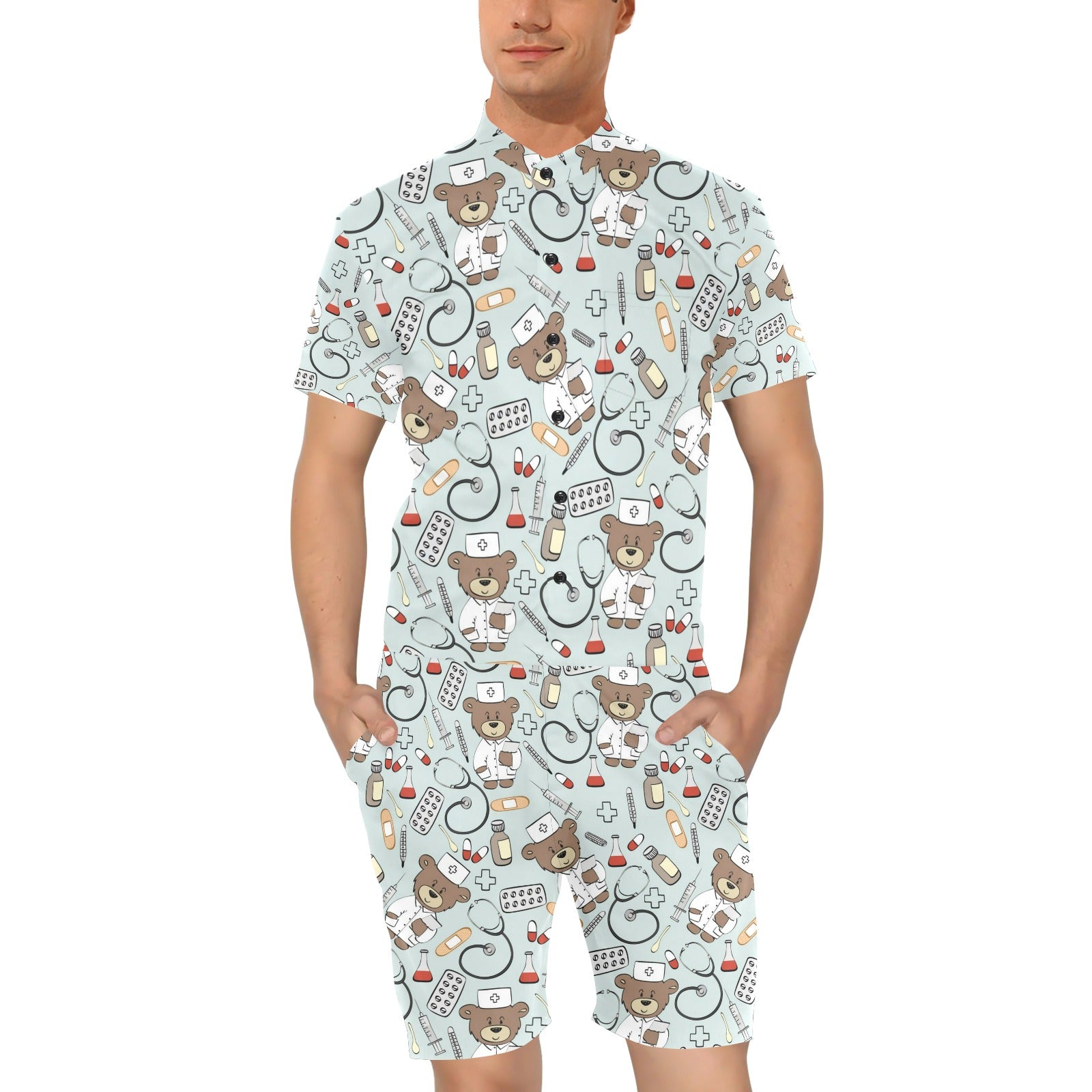 Nurse Bear Pattern Print Design A01 Men's Romper