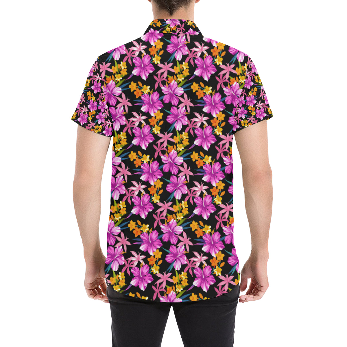 Tropical Folower Pink Hibiscus Print Men's Short Sleeve Button Up Shirt
