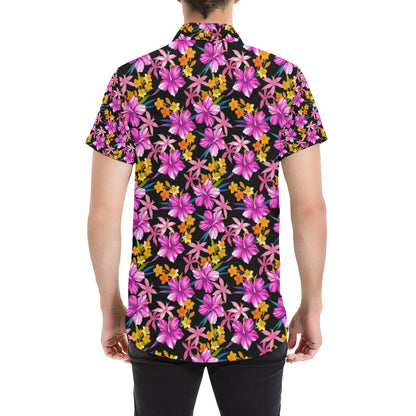 Tropical Folower Pink Hibiscus Print Men's Short Sleeve Button Up Shirt