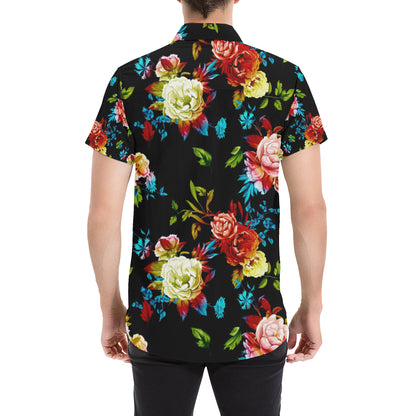 Peony Pattern Print Design PE07 Men's Short Sleeve Button Up Shirt