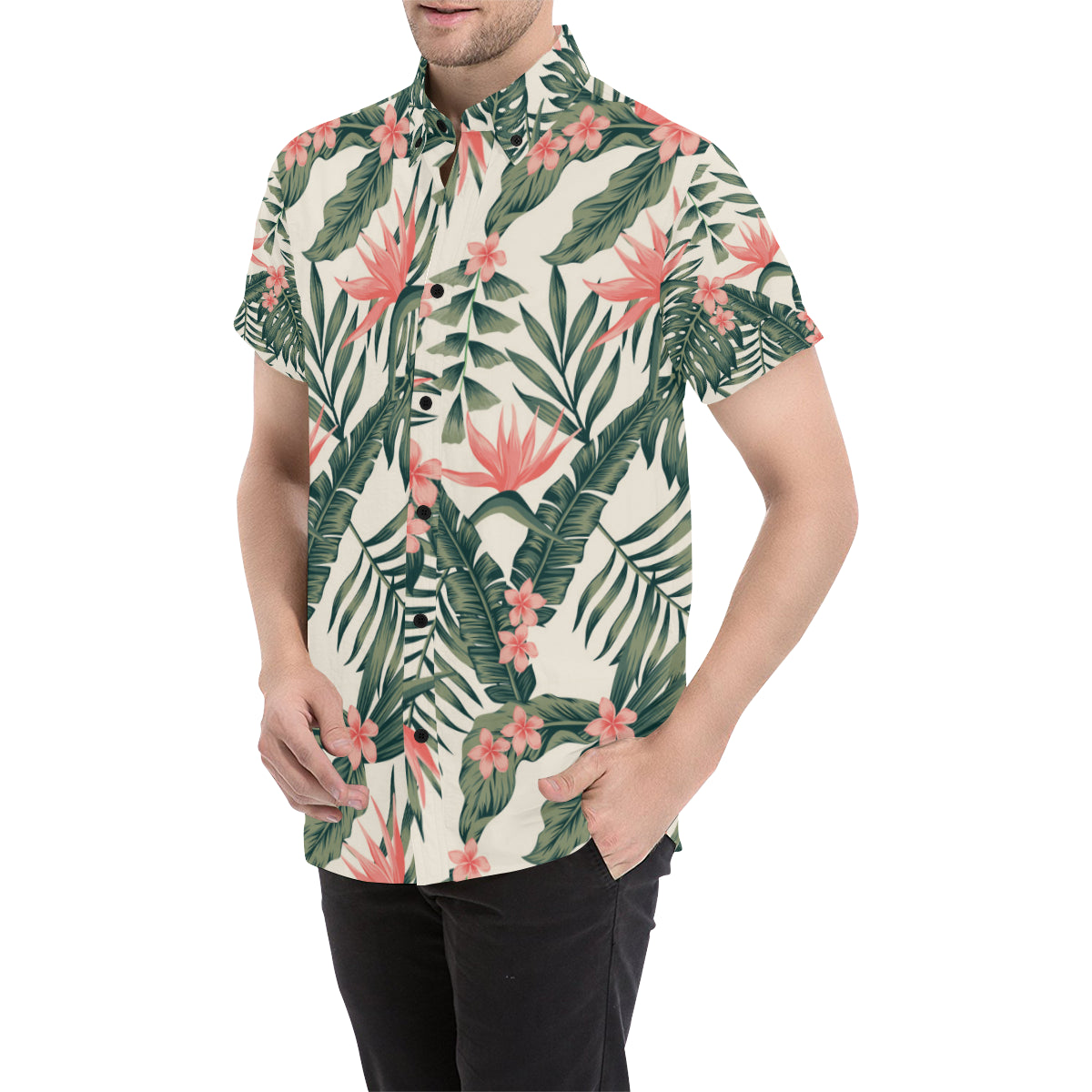 Tropical Flower Palm Leaves Men's Short Sleeve Button Up Shirt
