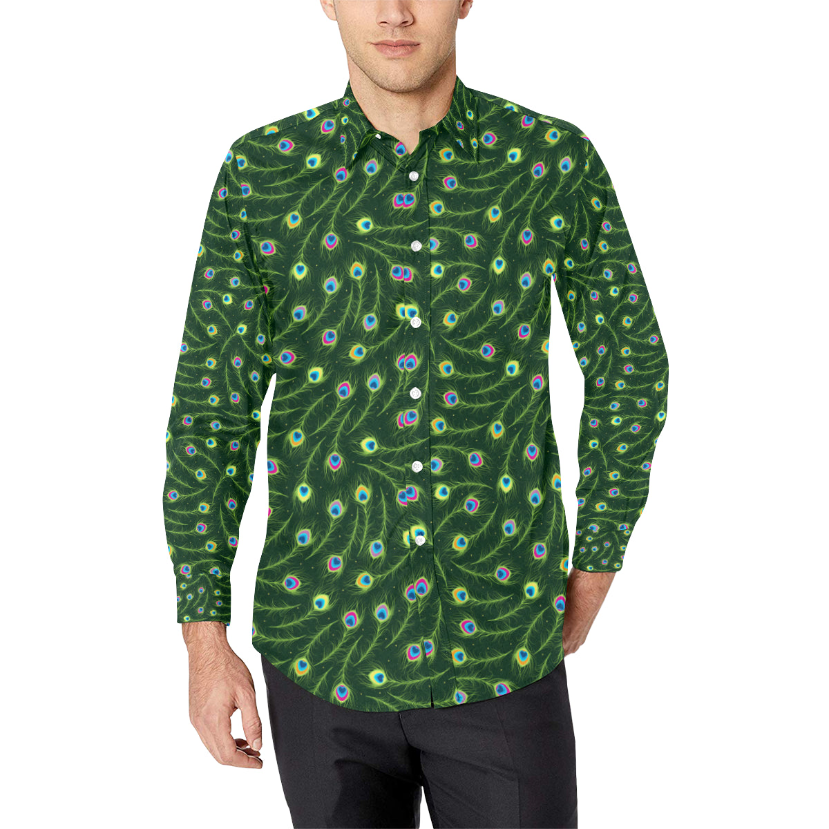 Peacock Feather Green Design Print Men's Long Sleeve Shirt