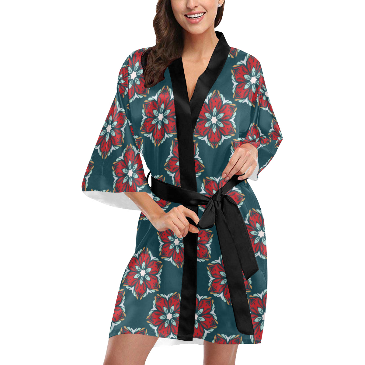 Poinsettia Pattern Print Design A03 Women's Short Kimono